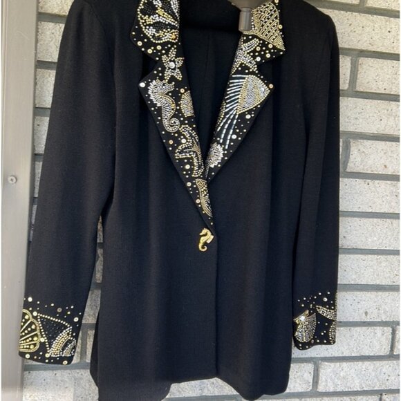 Vintage St. John knit Undersea Fantasia black pant suit blazer sequin 8 and pant - Picture 1 of 13